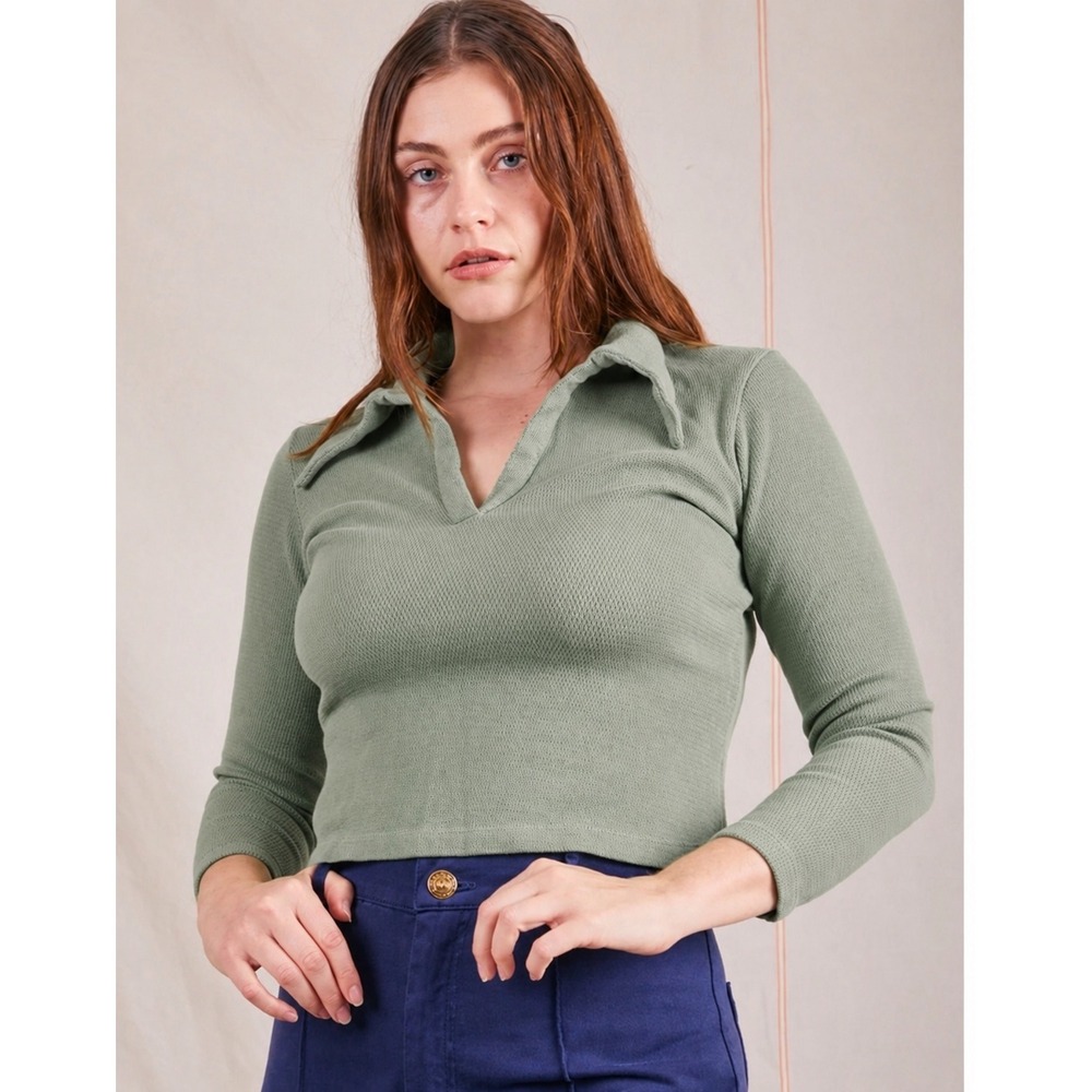 Big Bud Press | Fisherman Polo XL Sage Green Waffle Knit Long Sleeve Top Unisex